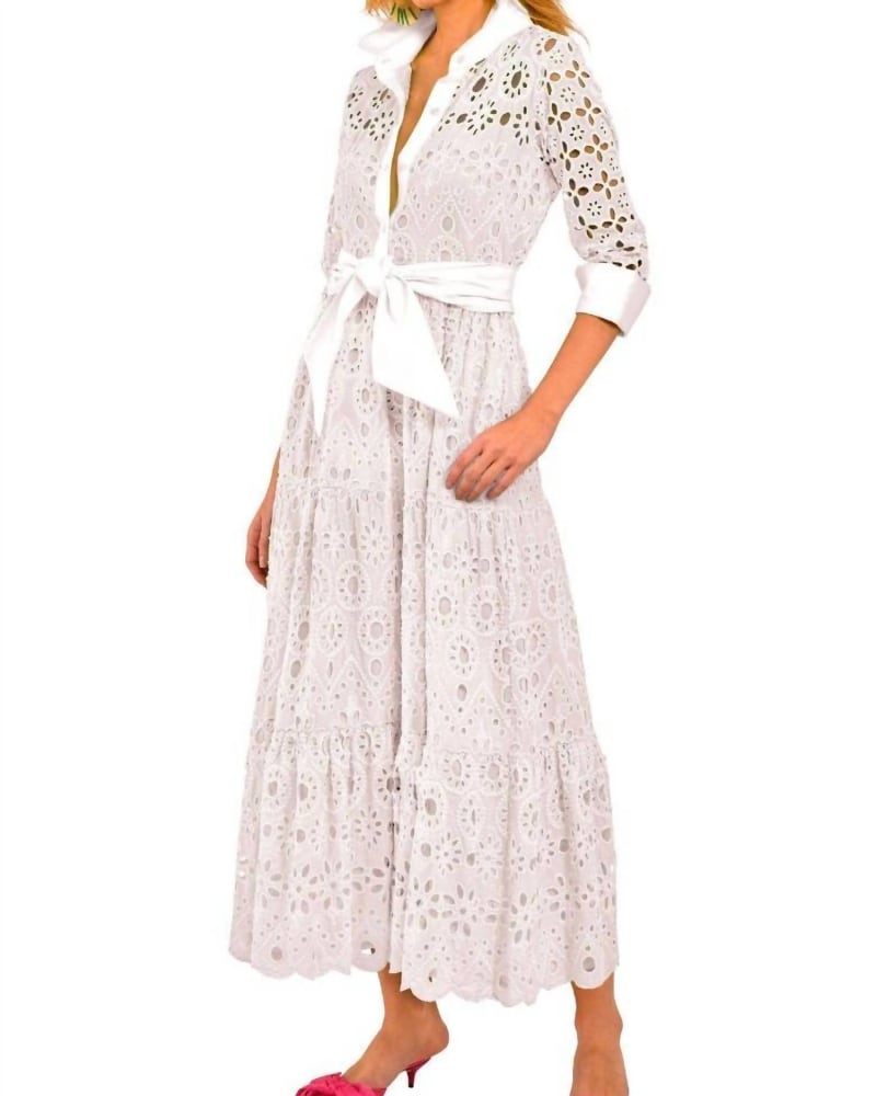 Front of a model wearing a size L Little Bo Peep Maxi Dress in White in White by GRETCHEN SCOTT. | dia_product_style_image_id:335196